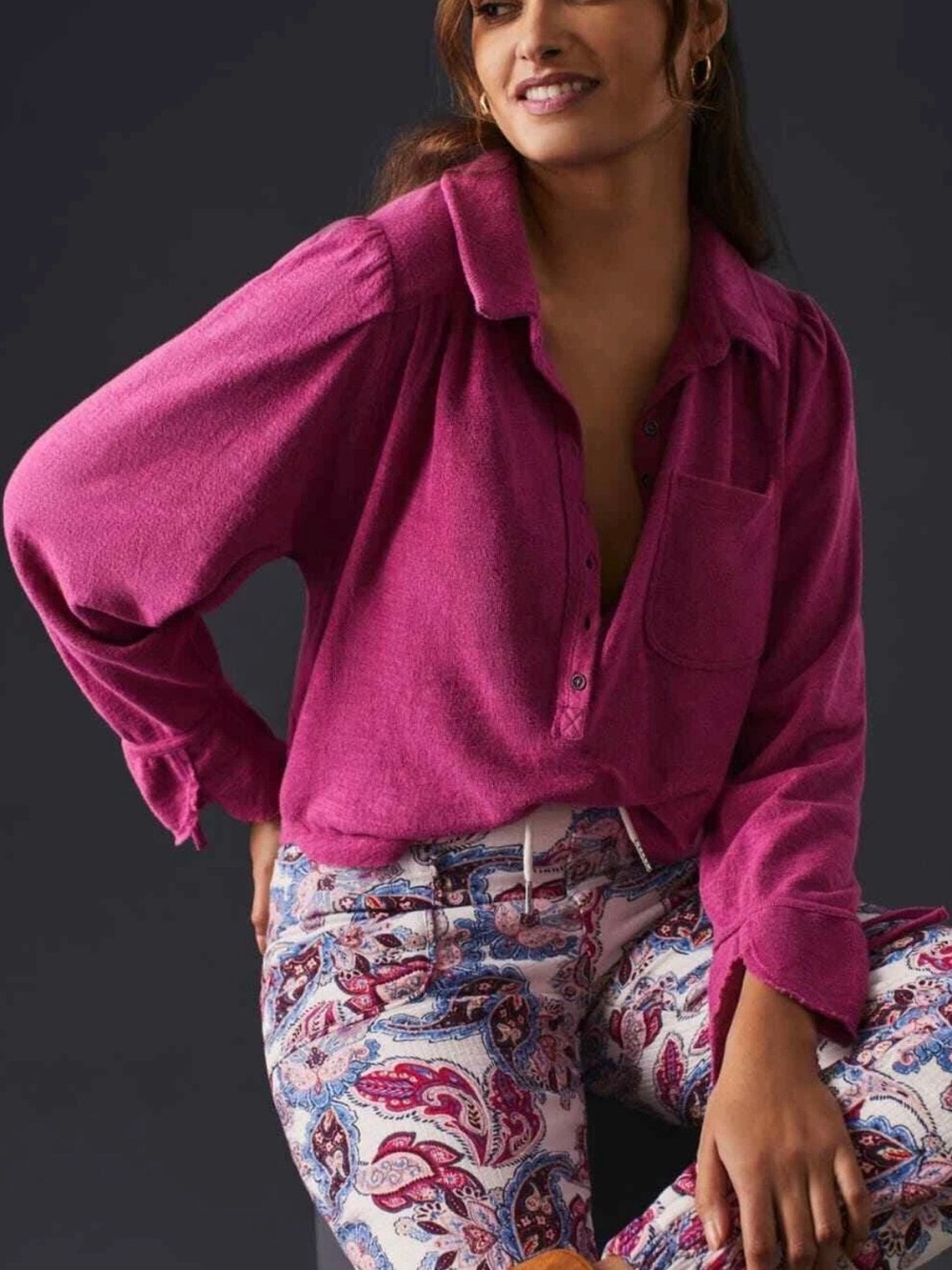 Pilcro Anthropologie Puff-Sleeve Raspberry Button-Front Terry Top
